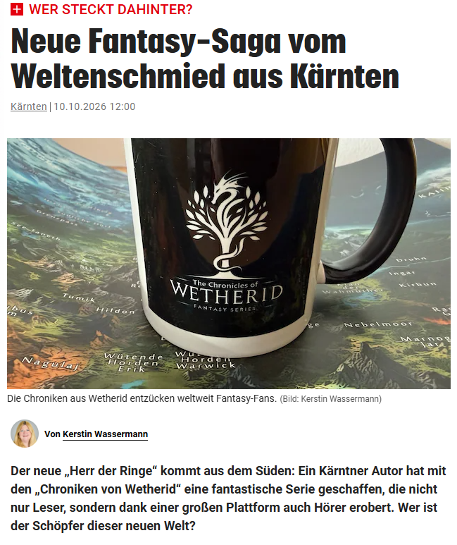 Screenshot des Krone-Artikels Neue Fantasy-Saga vom Weltenschmied aus Kärnten mit einer Wetherid-Tasse auf einer Weltkarte